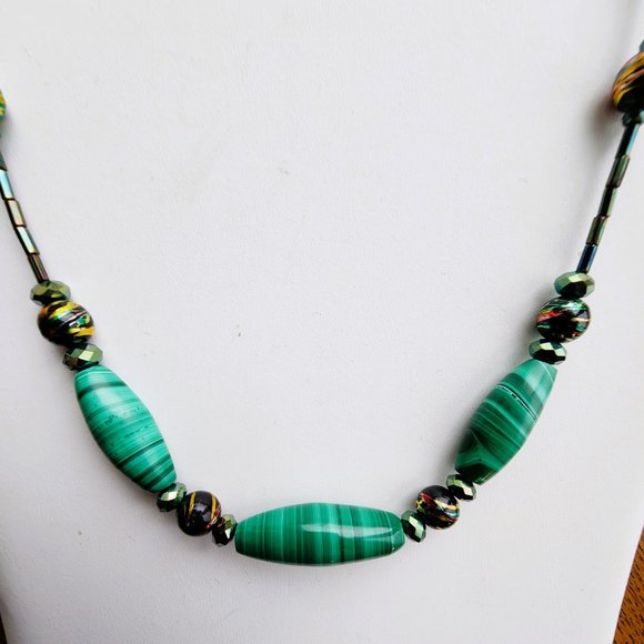 One of a Kind Malachite Necklace with Vintage-Made Malachite & Porcelain Beads - Picture 2 of 4